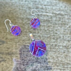 Jewelry set with pendant and earrings. Hand crafted- fused art glass and silver